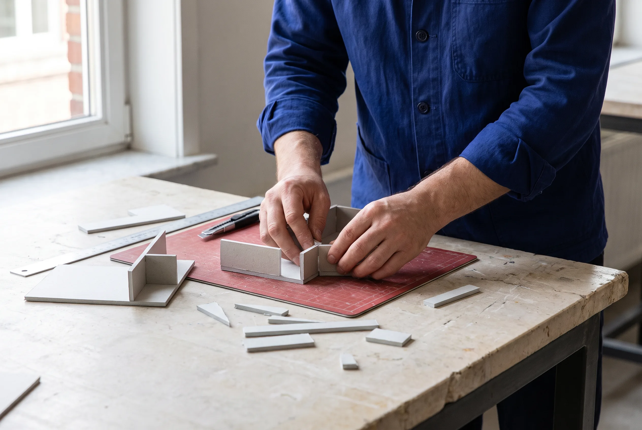 Maker bouwt een kleine maquette op een werktafel