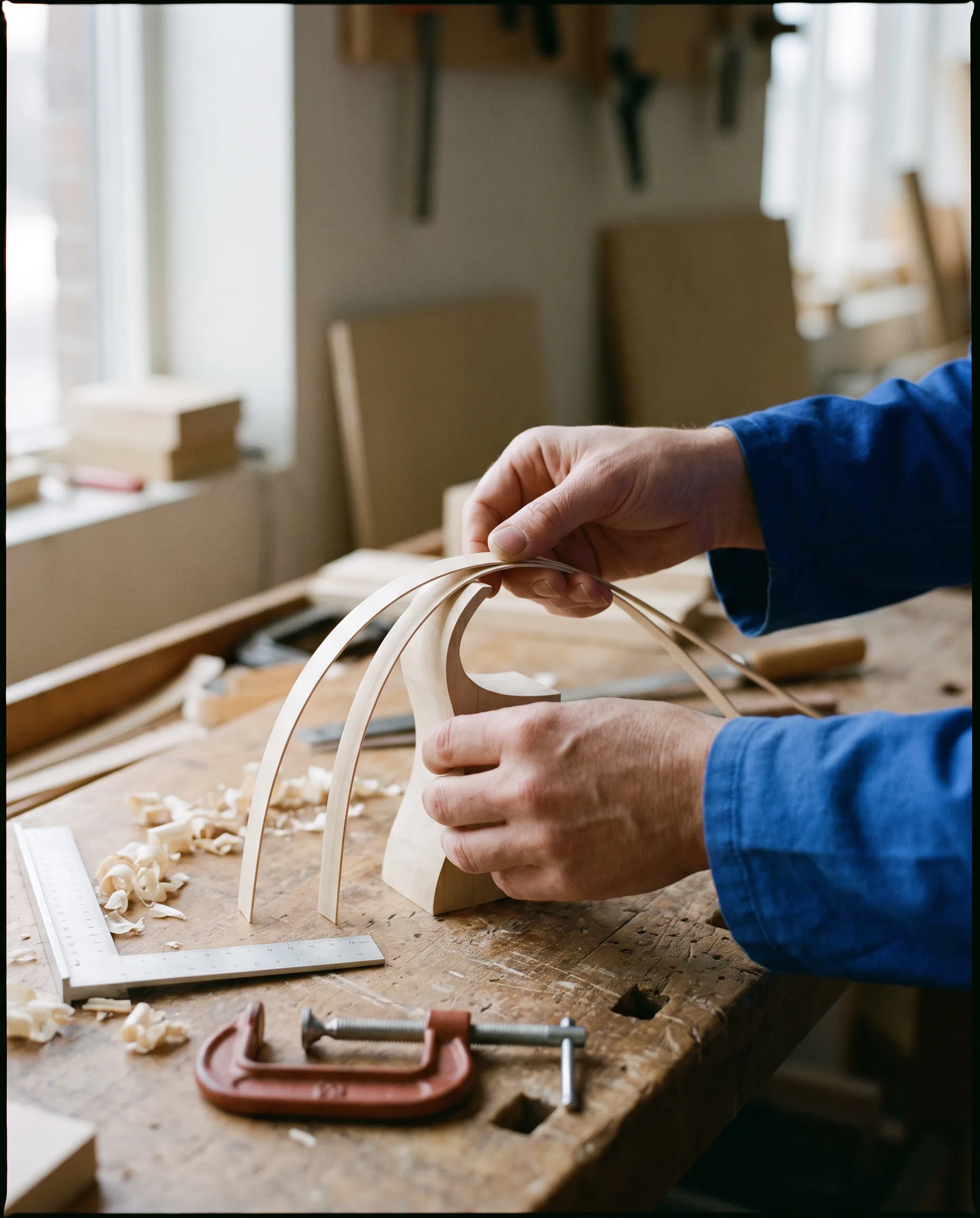 Handen buigen dunne houten stroken tot een model