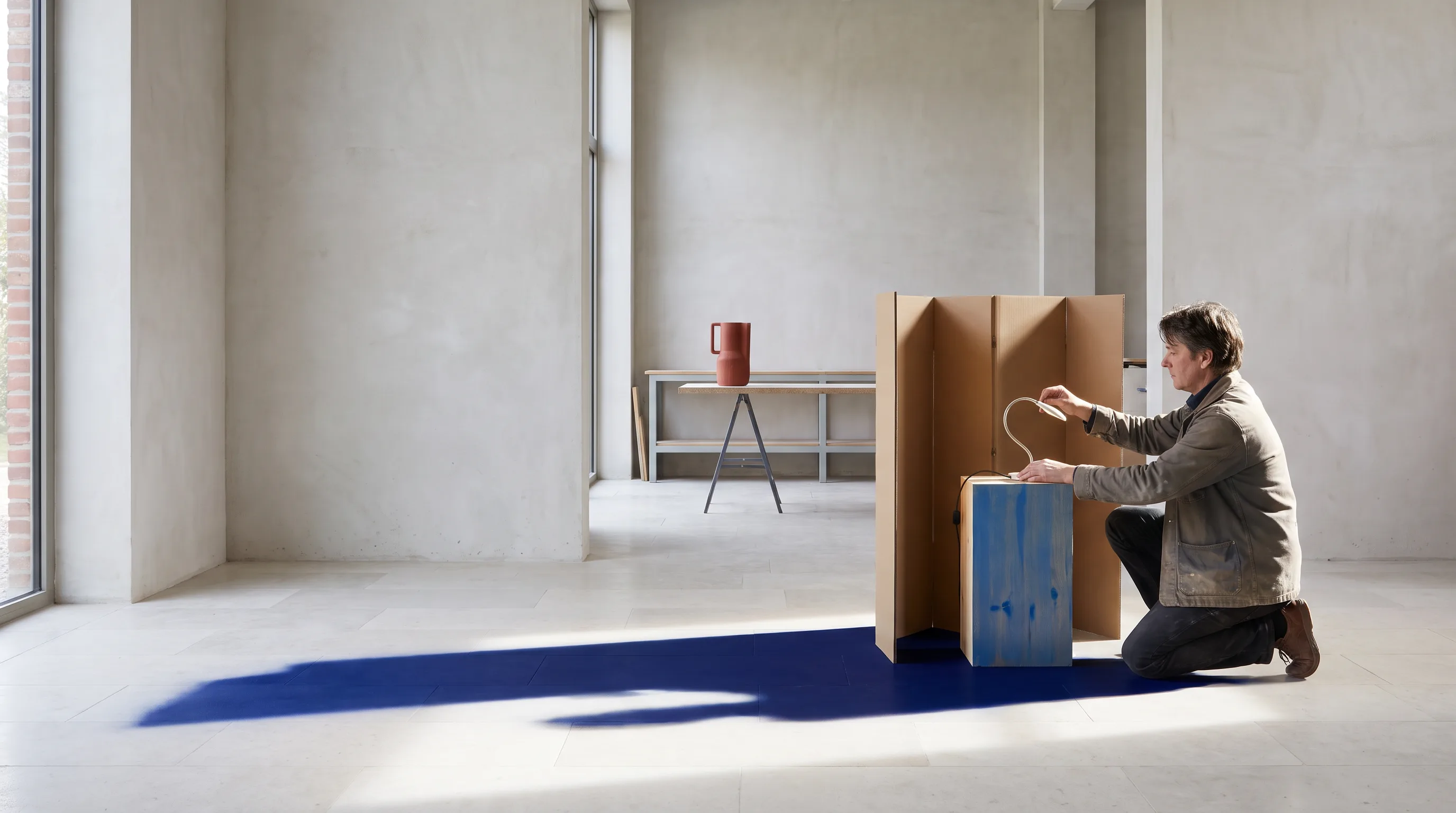Maker ordent een kleine ruimtelijke installatie in een studio