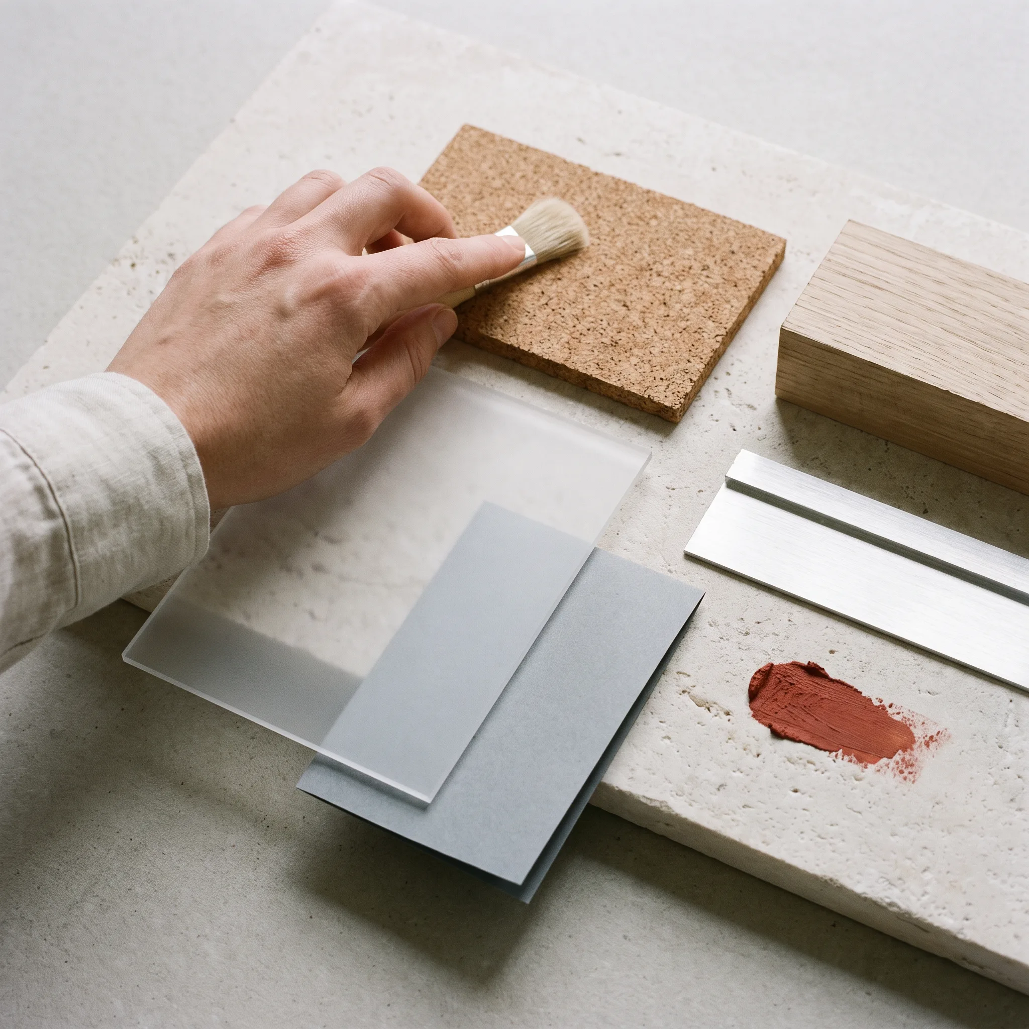 Hand vergelijkt kurk, hout en aluminium op een tafel