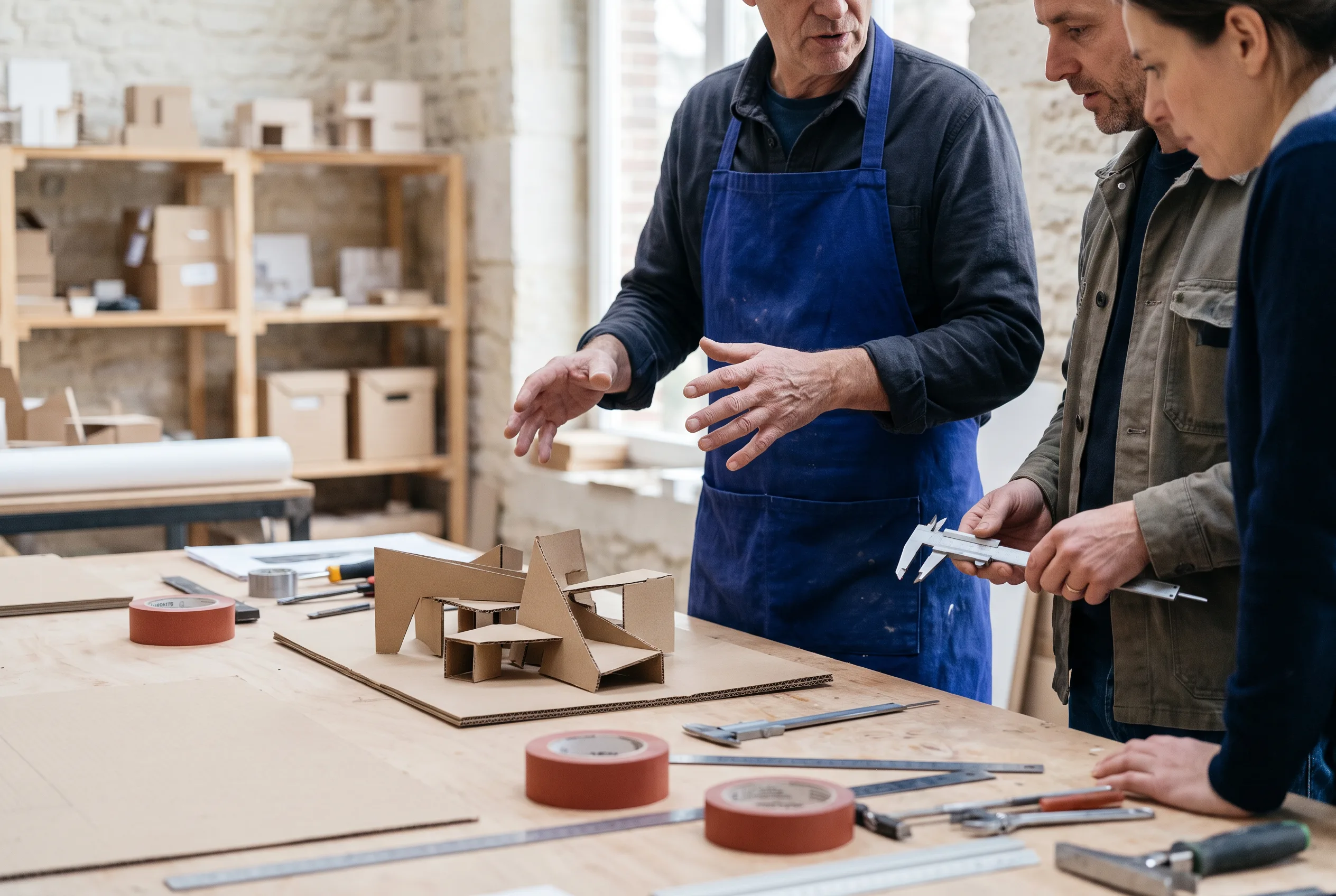 Makers bespreken een kartonnen maquette