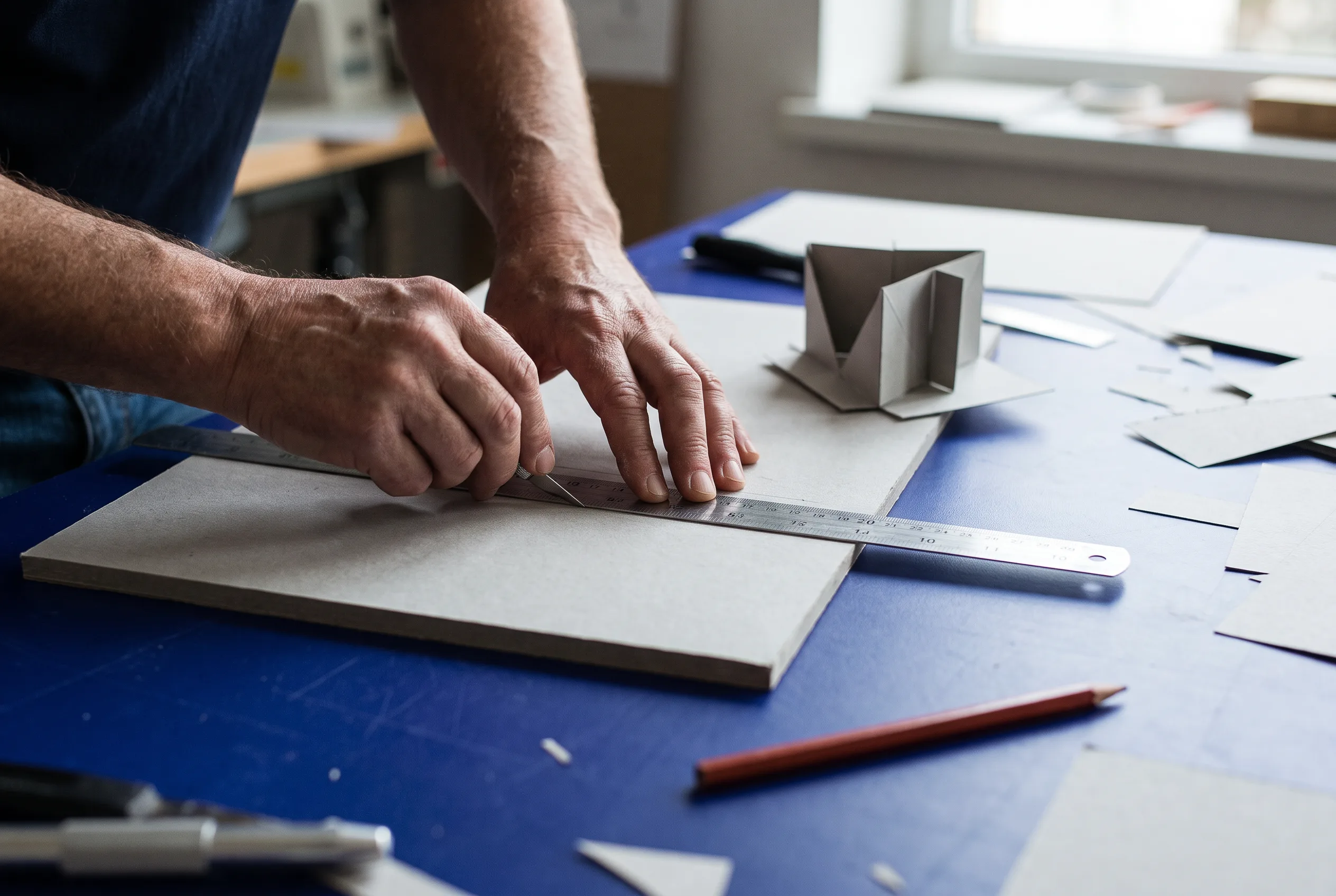 Maker snijdt en vouwt maquettekarton op een blauwe werktafel