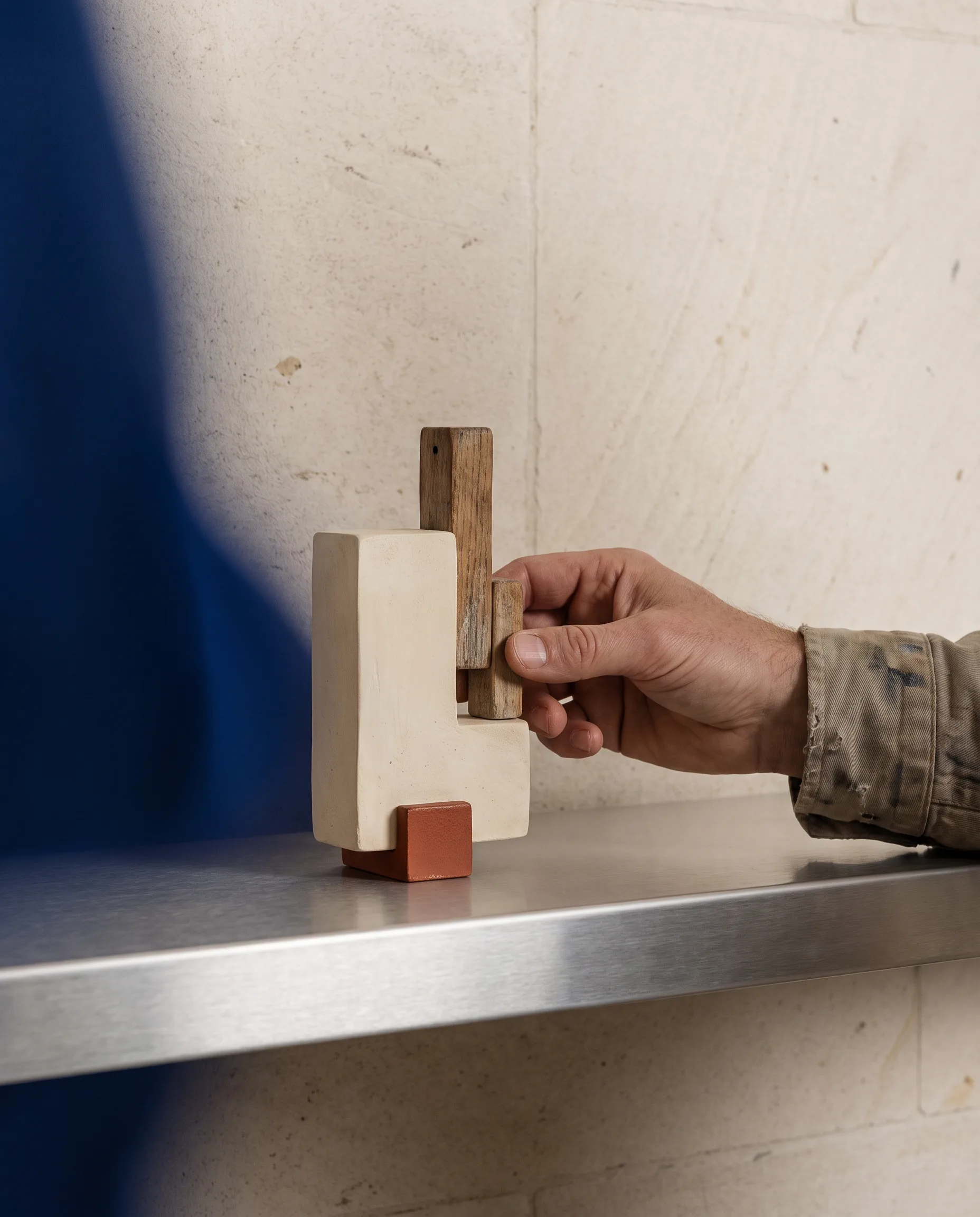 Hand plaatst een klein houten en gipsen object op een metalen legplank
