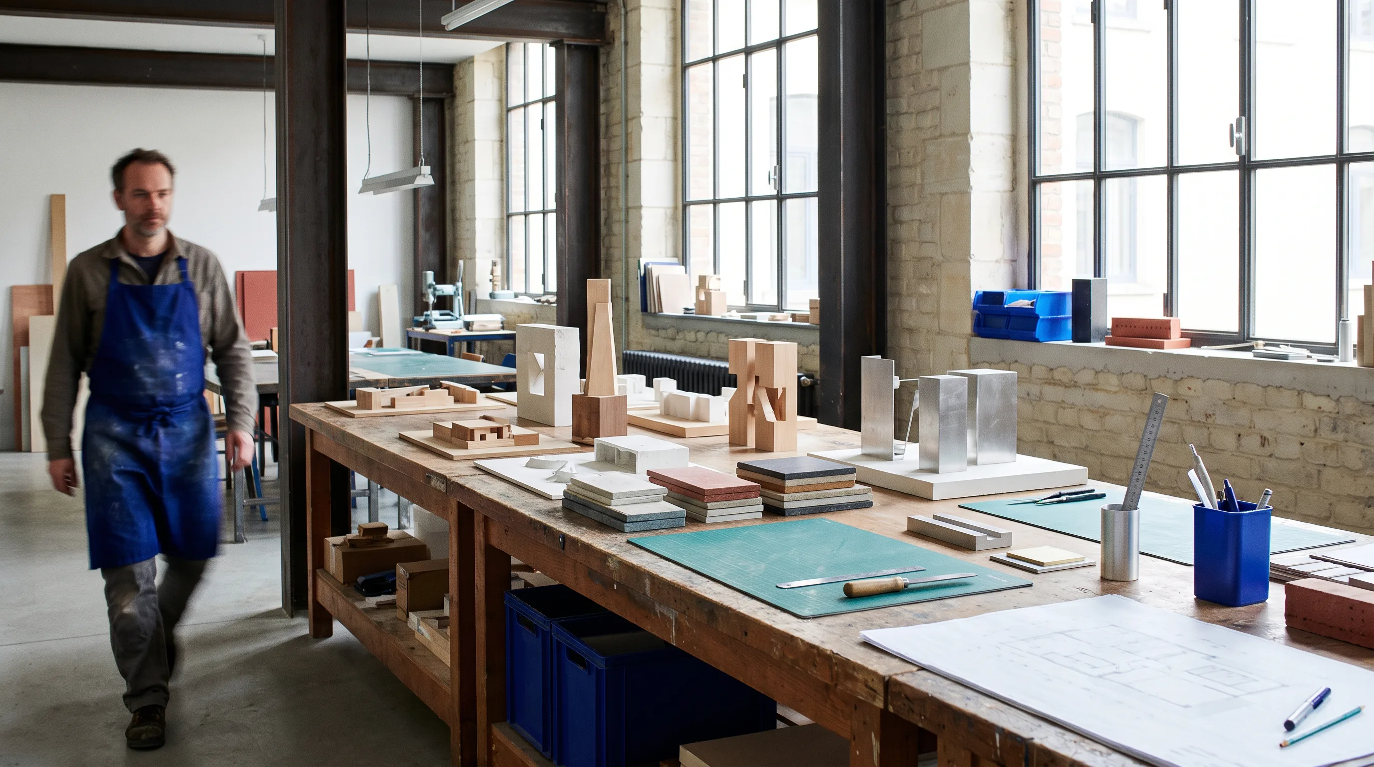 Werktafel met modellen in een atelier